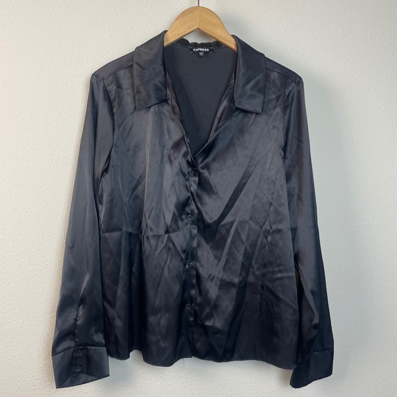 EXPRESS Black Satin Button Up Long Sleeve Shirt Top Womens XL Date Night - Picture 1 of 7